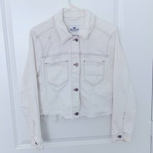 Hollister cropped ripped white denim jacket